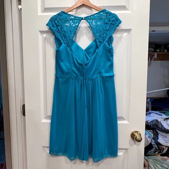 Davids Bridal Mesh Dress with Lace Sleeves and Keyhole Back in Malibu - Picture 6 of 11